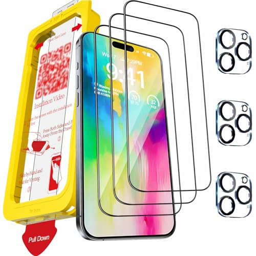 Milomdoi 3 Piezas Protector Pantalla para iPhone 16 Pro con 3 Piezas Protector Camara, 9H+ Cristal Templado Accesorios Protector de Pantalla