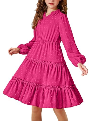 Arshiner Robe Fille Manches Longues Automne en Mousseline Enfants Chic de Soirée Col en V Volants Décontractée D'école Rose Rouge 7-8 Ans