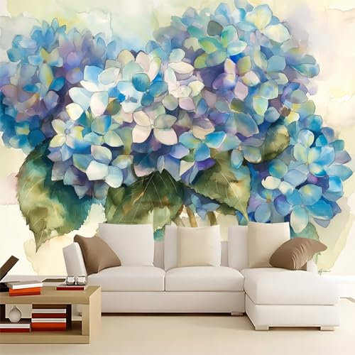 Fototapete 250x175cm Impressionistische Hortensie 3D Effekt Hochwertige XXL Moderne Wanddeko Tapete, Blau Vlies Tapete Wandbild für Wohnzimmer Schlafzimmer Büro
