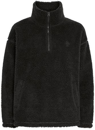 OXMO OXTolirone Damen Teddy-Pullover Sweater Pullover mit Troyerkragen Eingrifftaschen Loose fit, Größe:S, Farbe:Black (194007)