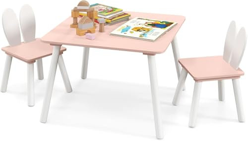 FANTASK 3 TLG. Kindertisch mit 2 Stühlen, 3-6 Kindersitzgarnitur mit Massivholzbeinen & Hasenohren Rückenlehne, Rosa