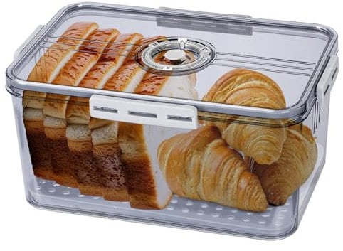 Tefola Paneras transparentes grises para cocina, plástico de grado alimenticio, contenedor de almacenamiento de pan con grabación de tiempo con válvula de aire, caja de pan para tostadas, sándwich,