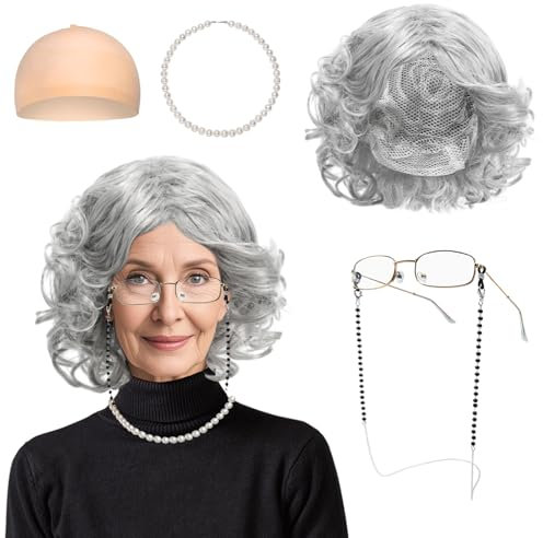 TUONYIS 5 Stück Old Lady Kostüm Set, Alte Dame Cosplay Set Kostümzubehör Enthalten Oma Perücke Perückenkappe Brille Brillenkette Perlenkette für Halloween Welttag des Buches Cosplay Karneval (Silber)