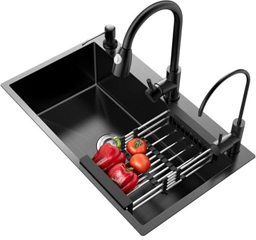 SaryEdge DREI Löcher Küche Nano Küche Edelstahl Geschirrspülen Inländischen Mit Pull-Out Wasserhahn Seife Spender(Schwarz Grau-75x45x20cm