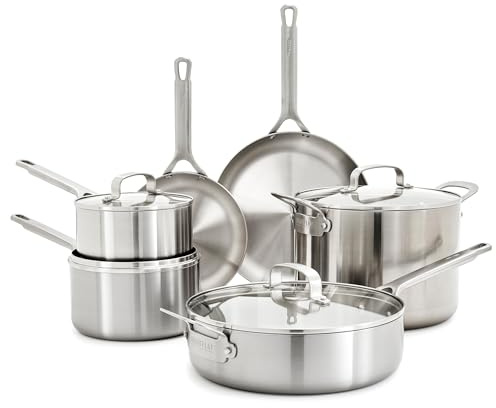 GreenPan Bobby Flay Batterie de cuisine triple épaisseur en acier inoxydable, 10 casseroles et poêles, compatible avec l'induction, passe au four et au gril jusqu'à 204,4 °C, noyau sensible à la