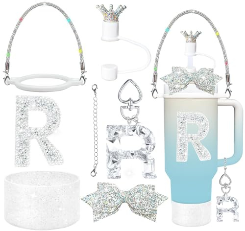 8Pcs Silvery Stanley Cup Accessories Set for Stanley Cup 30&40 Oz Tumbler, Silicone Straw Cover Cap and Boot, Handle Letter Charm, Bow Decoration Initial Sticker, Diamond Water Bottle Handle Strap (R)