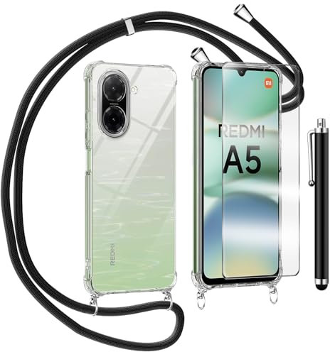 TTSWJBD Handykette für Xiaomi Redmi A5 Hülle mit Displayschutzfolie Schutzfolie, Necklace Handyhülle mit Abnehmbar Kordel zum Umhängen Transparent Silikon Schutzhülle mit Band in Schwarz