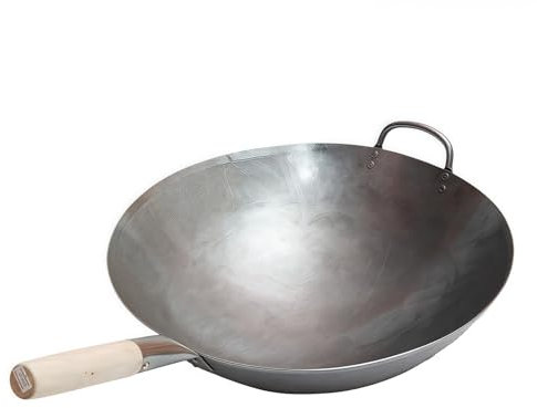 Kochspezifische Schmiedeeisenpanne Durchmesser 40cm Höhe 12,5cm Gewicht 2,1kg Dicke 1,6 mm Schwere Hand gehämmerte Kohlenstoffstahl Pow Wok mit Holz- und Stahlhelfer Griff(Diameter 36cm Cooking style)