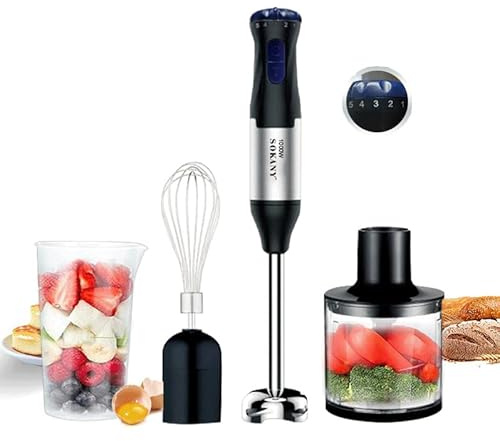 Batidora de inmersión, 4 en 1 mezclador multifunción de 1000 W, multifunción de acero inoxidable para purés, luz y bajo ruido 36 dB, ideal sopas y batidos (Negro)