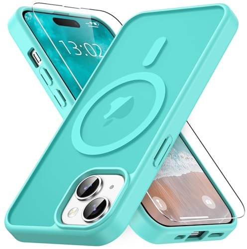 Vansdon Magnetisch für iPhone 15 Hülle-Blau Grün | mit 1 Schutzglas, Kompatibel mit Magsafe, Fallschutz nach Militärstandard, Transluzente Matt Rückseite Stoßfeste Handyhülle