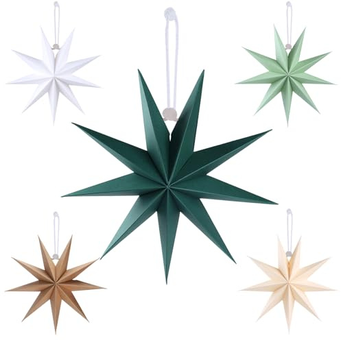 5er-Set Papiersterne 30 cm - Beige & Braune Faltsterne Dunkelgrüne & Weiße 9-zackige Sterne - Weihnachtsdeko, Hochzeit, Geburtstag, Tischdeko