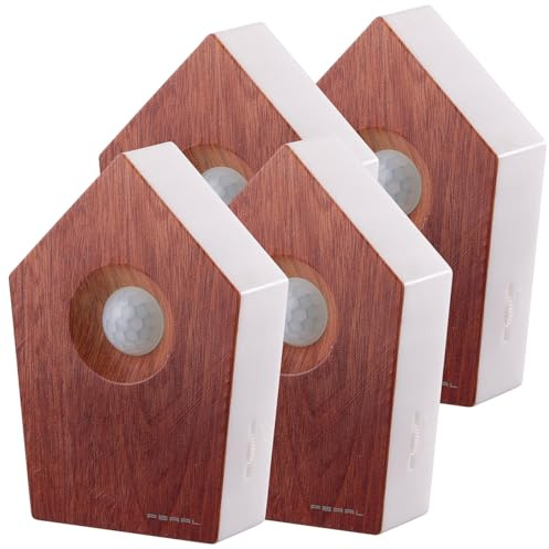 PEARL Vogelgezwitscher: 4er-Set Vogelgesang-Box mit Bewegungssensor, 120 s, Teak-Holz-Optik (Vogelgezwitscher Bewegungsmelder, Soundbox, Vogel)