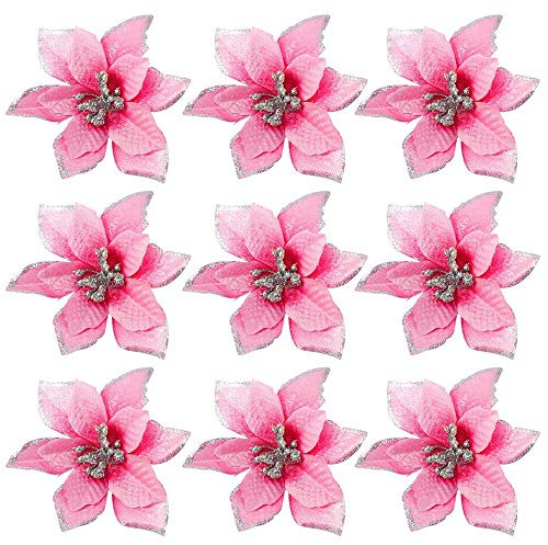 Fegtrtyoa 50 Pack Glitter Poinsettia Christmas Tree Ornaments 5Inch Artificial Silk Flowers Picks Decor Wreath Garland (Pink)