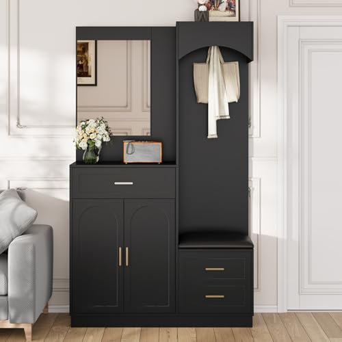 Soweiz Armario moderno compacto, armario y zapatero, armario de entrada, estante de almacenamiento multifuncional con espejo, 110 x 33 x 185,5 cm (negro)