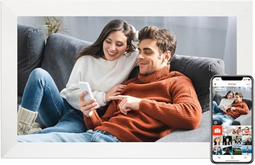 Frameo 15.6 Zoll Digitaler Bilderrahmen WLAN Fotorahmen Weiß 1920 * 1080 IPS FHD Touchscreen Elektronischer Fotorahmen mit 32GB Speicher, Auto Drehung, Einfache Weitergabe von Fotos Videos über App
