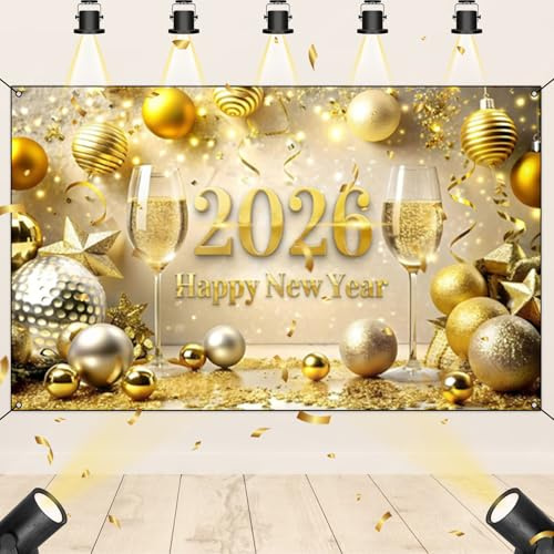 QITHGYD Silvester Deko 2026 bunt Happy New Year Hintergrund Banner 110x180cm für Neujahr Feier Silvester Party Dekoration Indoor Outdoor Großes Stoff Banner ideale Fotokulisse für Familie Freunde Büro