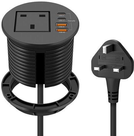 Jgstkcity Recessed Power Socket, 67W USB‑C, Flush-Mount, Black | Desk Power Grommet, 4 USB Ports, 80mm Cutout, Clutter-Free Desktop, Ideal Workspace Accessory