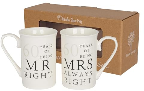 Nicola Spring 60e Anniversaire Ensemble de Tasses en Porcelaine Anglaise - 300ml - 2pc Drôle Mariage Couple Couples Mari Femme Petit Ami Petite Amie Monsieur Madame Café Tasse à Thé Cadeaux