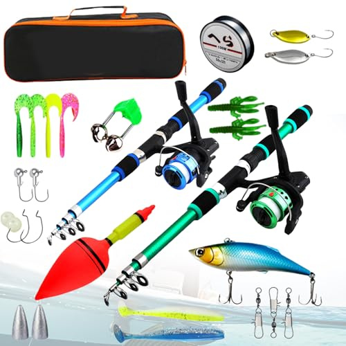 Angelset für Kinder, 2 Stück Angelrute Set Kinder mit Angelschnurrolle und Köder Set, 1.8m Teleskop Angelrute, Kinderangel Starter Set mit Tasche, Tragbare Kinder Angelset, Angel Zubehör für Anfänger