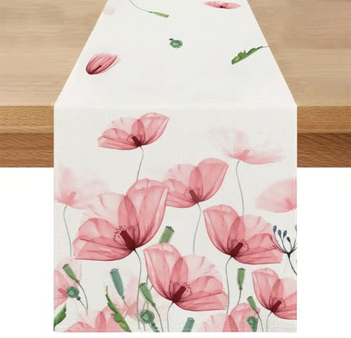Tischläufer Modern Frühling Sommer 40x200 Abwaschbar Landhausstil Leinen Tisch Läufer Rosa Blumen Botanical Tischdecke Deko Natur Küche Esstisch Dekoration für Wohnzimmer Draußen Party