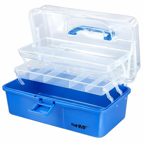 HMF Nähkasten aufklappbar mit 3 Ebenen, Sortierbox für Kleinteile | 33 x 20 x 15 cm | Blau