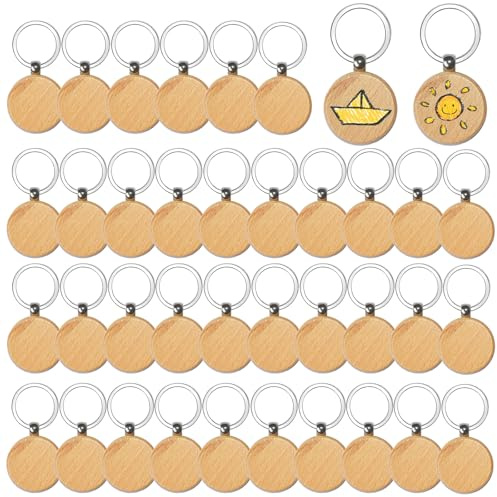 PXBSNB Lot de 36 porte-clés en bois de 4 cm - Ronds - Blancs - Pour bricolage, peinture, décoration, cadeaux