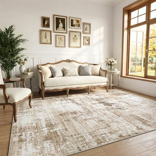 Klyvvo Abstrakt Wohnzimmer Teppich 200x300 cm, Kurzflor Teppich, 1200g/m³ Polyester Maschinwaschbar mit Rutschfester TPE-Unterlage für Schlafzimmer, Esszimmer, Küche, läufer, Retro Beige