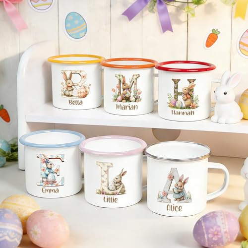 GSTFY Personalised Easter Bunny Enamel Mug with Name 12 oz Custom Cute Egg Rabbit & Floral Cup with Wooden Alphabet and Name Tin Camping Hot Chocolate Mug Easter Party Favor Gift