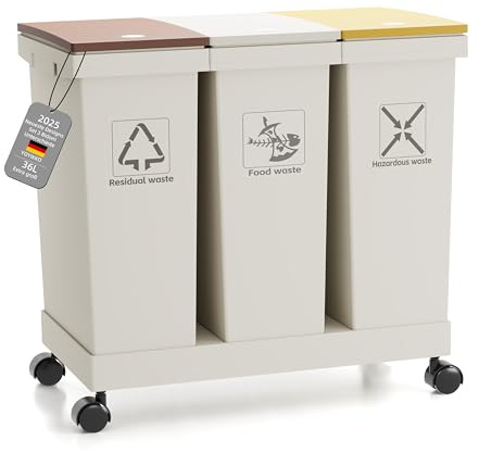 Juego de 3 cubos de basura de cocina, sistema de separación de basura con tapa, 3 cubos de basura con tapa, 3 cubos de basura de 12 L, extraíbles con ruedas, sistema de separación de basura para papel