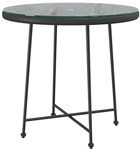 KPOTUERTU Table à manger ronde noire Ø 80 cm en verre trempé et acier, cadre en rotin PE stable pour jardin et terrasse