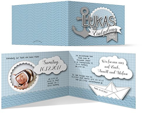 Taufe Einladungskarten (20 Stück) - Origami Anker in Blau - Taufeinladung Taufkarten