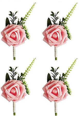 VOANZO 4 STÜCKE Hochzeit Boutonniere Künstliche PE Rose Blumen Corsagen für Braut Bräutigam Groomsmen Mädchen Bouquet Brosche 15x8x5 cm (Rosa)