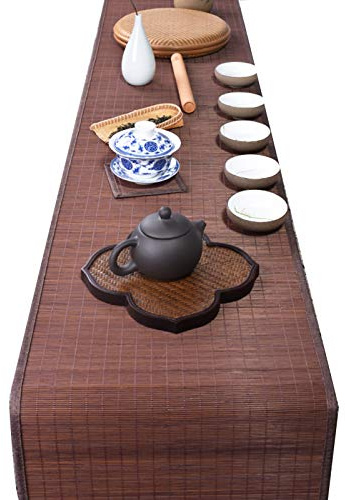 MMQGQ Bambus Tischmatte Mit Braunem Stoff Rand, Vintage Handmade Tischläufer ， rutschfeste Tischset Für Lang Esstisch Couchtisch Matten(Size:40×120cm)