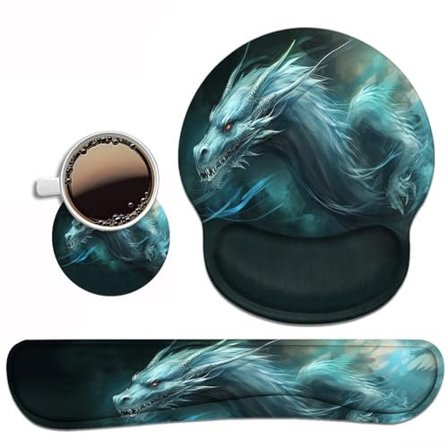 Keyboard Wrist Rest and Mouse Pad Wrist Support Set with Coasters, Ergonomic Gaming Mousepad Non-Slip PU Base for Home Office Working Studying Easy Typing & Pain Relief - Dragon