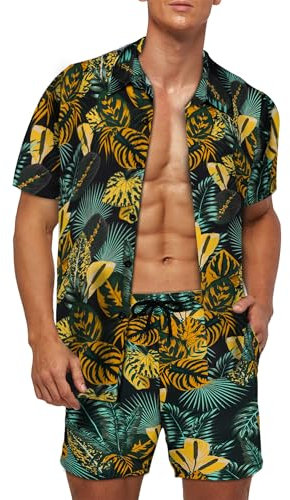 Wirltte Mens Hawaiian Shirt and Shorts Set Tropical Floral Print 2 Piece Outfits Yellow L