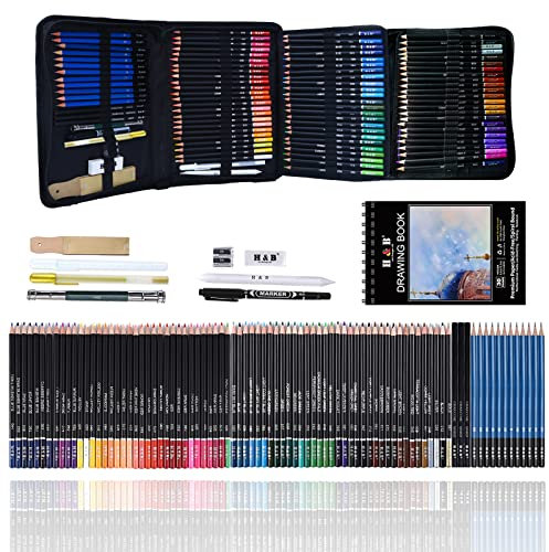 97 Zeichnung Skizze Coloring Set, Pro Art Supplies mit Skizzenbuch, 72 Soft Core Farbstifte, Skizze Holzkohle Bleistifte, Zeichensatz für Erwachsene Teens Anfänger