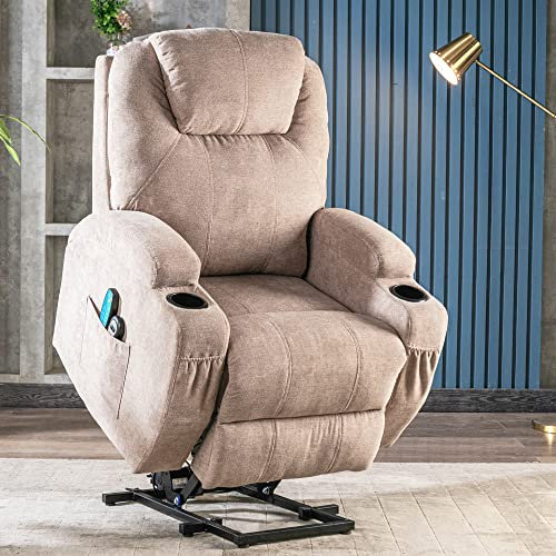 Power Lift Recliner Chair Massage Chair for Elderly, Electric Lift Chair with Heat and Massage, Fabric Recliner Sofa with 2 Cup Holders, Side Pockets & Remote Control for Living Room (Light Brown)