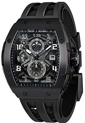 TSAR BOMBA Relojes Hombre Tonel Lujo Reloj de Pulsera Cristal Zafiro Movimiento Japonés Impermeables 50M Luminoso Fecha Esqueleto Cuadrados Analogico Deportivo Cronógrafo Reloj de Hombre
