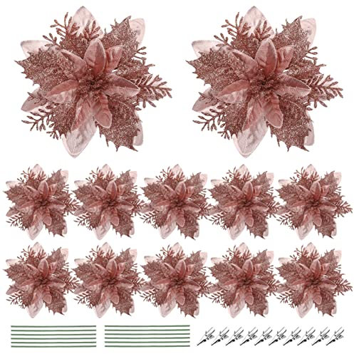 TOYANDONA 12PCS 14cm/ 5.5in Silver Poinsettia Artificial Flowers with Clips and Stems Glitter Christmas Tree Poinsettia Decorations for Xmas Wedding Party Wreath (Rose Gold)
