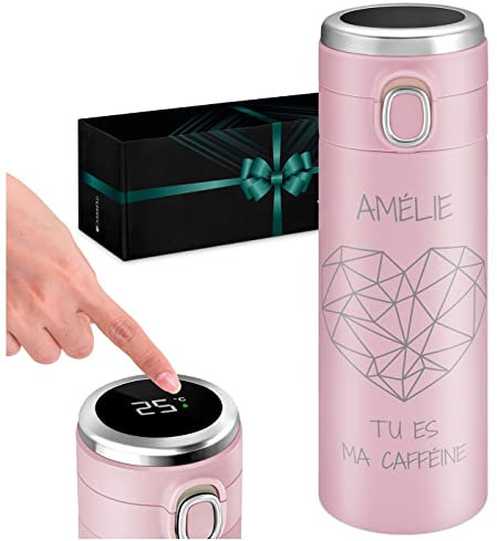 Maverton Mug de voyage gourde isotherme avec gravure - Bouteille isotherme rose 400 ml - idee cadeau copine amour - Affichage de la température LED - Tasse personnalisée - Pour elle - CAFFÉINE