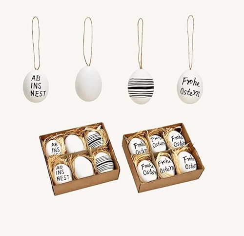 RiloStore 12 STK Ostereier Spruch Frohe Ostern echte Hühnereier wk210 Weiss schwarz 6x4cm - Ab ins Nest - Dekoeier Hänger Osterschmuck Osterdeko Anhänger Osterdekoration Anhänger