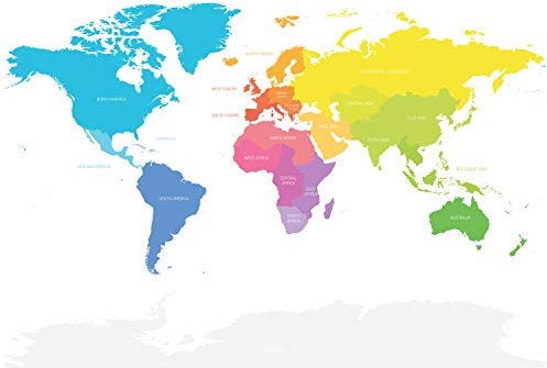 wandmotiv24 Fototapete bunte Weltkarte Atlas, 400 x 280 cm - selbstklebende Strukturtapete, Wanddeko, Wandbild, Wandtapete, Globus Erde Karte blau gelb grün rosa M6650