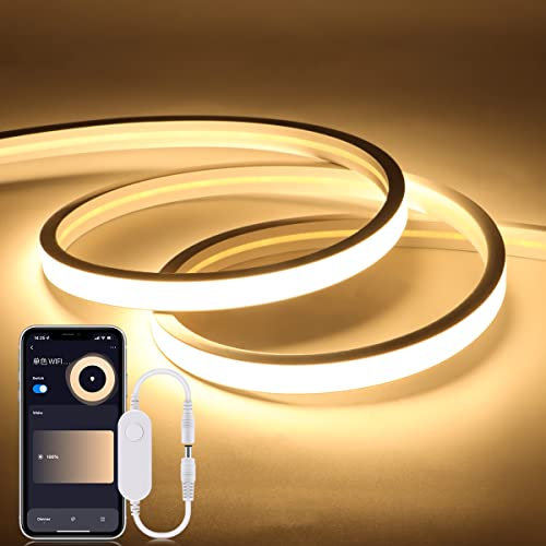 AIMENGTE 24V Neon LED Streifen mit App-Steuerung,Led Neon Strip Funktioniert mit Alexa,Wasserdicht Lichtband Flexibler Lichtleiste mit Netzteil für Innen Aussenbereich Deko (4M, Warmesweiß APP)