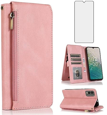 Asuwish Compatible with Nokia C32 / Nokia C32 4G 6.5 Wallet Case Tempered Glass Screen Protector and Zipper Retro Leather Flip Cover Card Holder Stand Cell Accessories for NokiaC32 Women Rose Gold