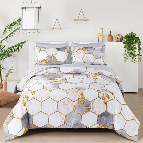 Freyamy 3D Marmor Bettwäsche 135x200cm 4teilig Weiß Grau Gold Geometrische Marmormuster Luxus Bettwäsche 100% Mikrofaser Bettbezug 2 Bettdeckenbezüge mit Reißverschluss und 2 Kissenbezug 80x80cm