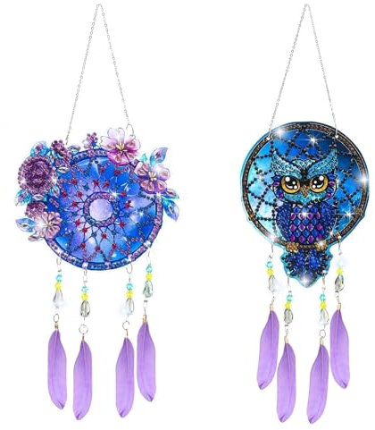 EEEKit DIY Diamantmalerei Traumfänger,2 Stück 5D Punktbohrer Diamantmalerei Windspiel,Doppelseitige Malerei Ornamente mit Federanhänger für Hausgartendekoration