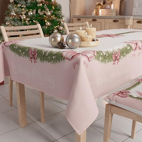 PETTI Artigiani Italiani - Tovaglia Natalizia Antimacchia Rettangolare Copritavolo Natalizio Cucina Disegno Fiocco Rosa Piume X24 Posti (140x450 cm) 100% Made in Italy