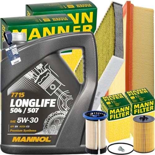 Mann Inspektionspaket+5L Mannol 507 5W-30 Öl | FP26009+C30005+HU7020Z+588.670.001+MN1801+PU8014 passend für Golf 7 A3 8V