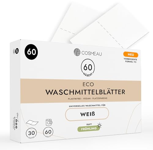 Cosmeau Waschmittel Blätter für Weiße Wäsche - Frühlingsfrisch - bis zu 60 Waschgänge (60 Blätter) - Nachhaltige Waschmittelblätter - Plastikfrei & Perfekt als Reisewaschmittel