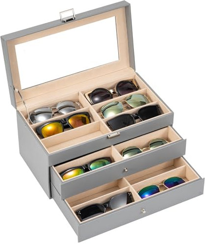 ProCase Porta Occhiali Multiplo 3 Strati, 18 Slots Organizer Occhiali da Sole in Pelle, Occhiali Espositore Scatola Portaocchiali Organizzatore Occhiali per Donna Uomo -Grigio